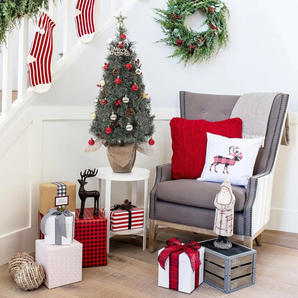 HiMISS Flocked Artificial Christmas Tree with Warm White Lights