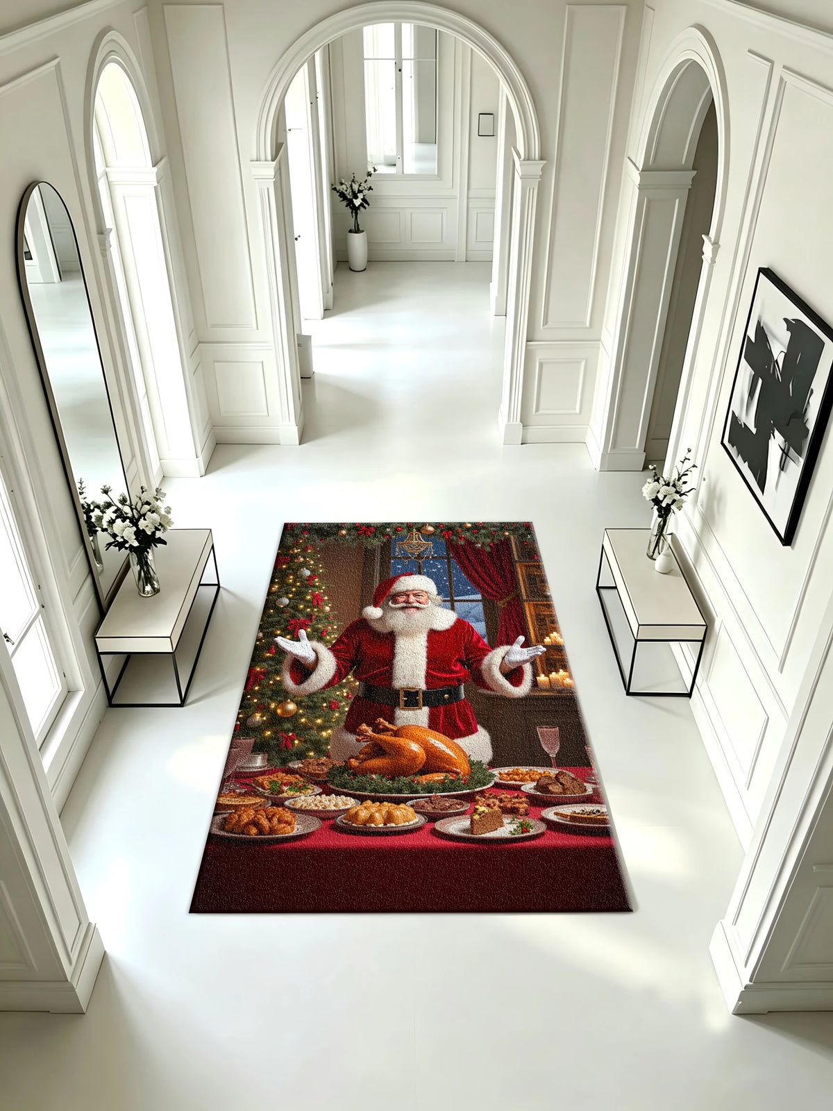 Christmas Santa Feast Printed Carpet for Indoor Holiday Home Decoration