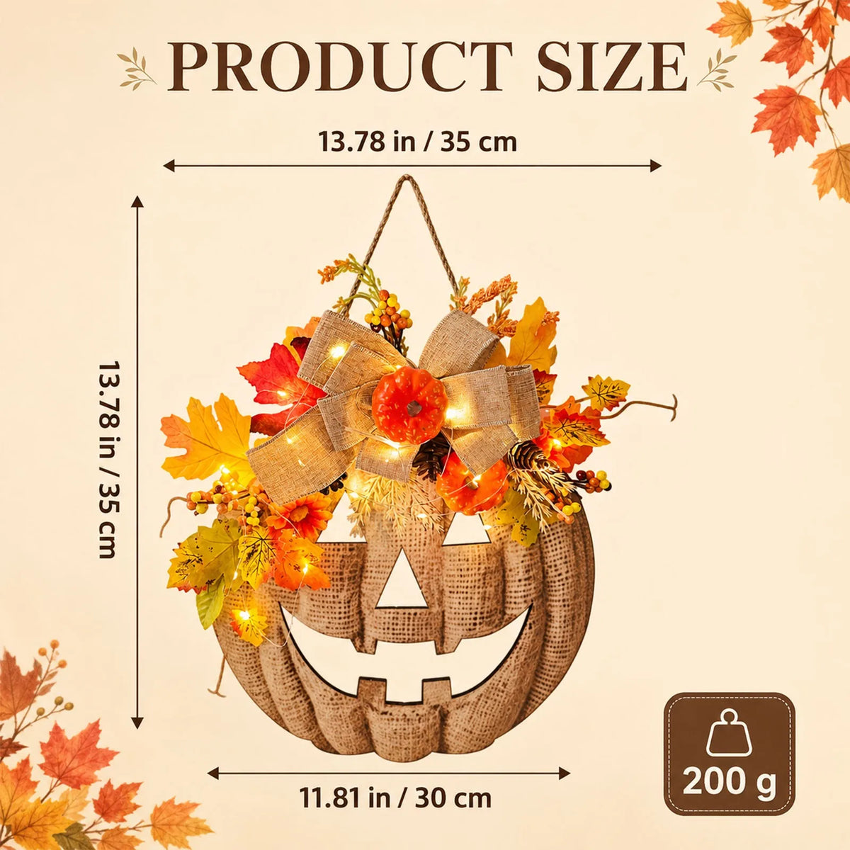 Lighted Burlap Pumpkin Wreath Halloween Door Hanging Decor