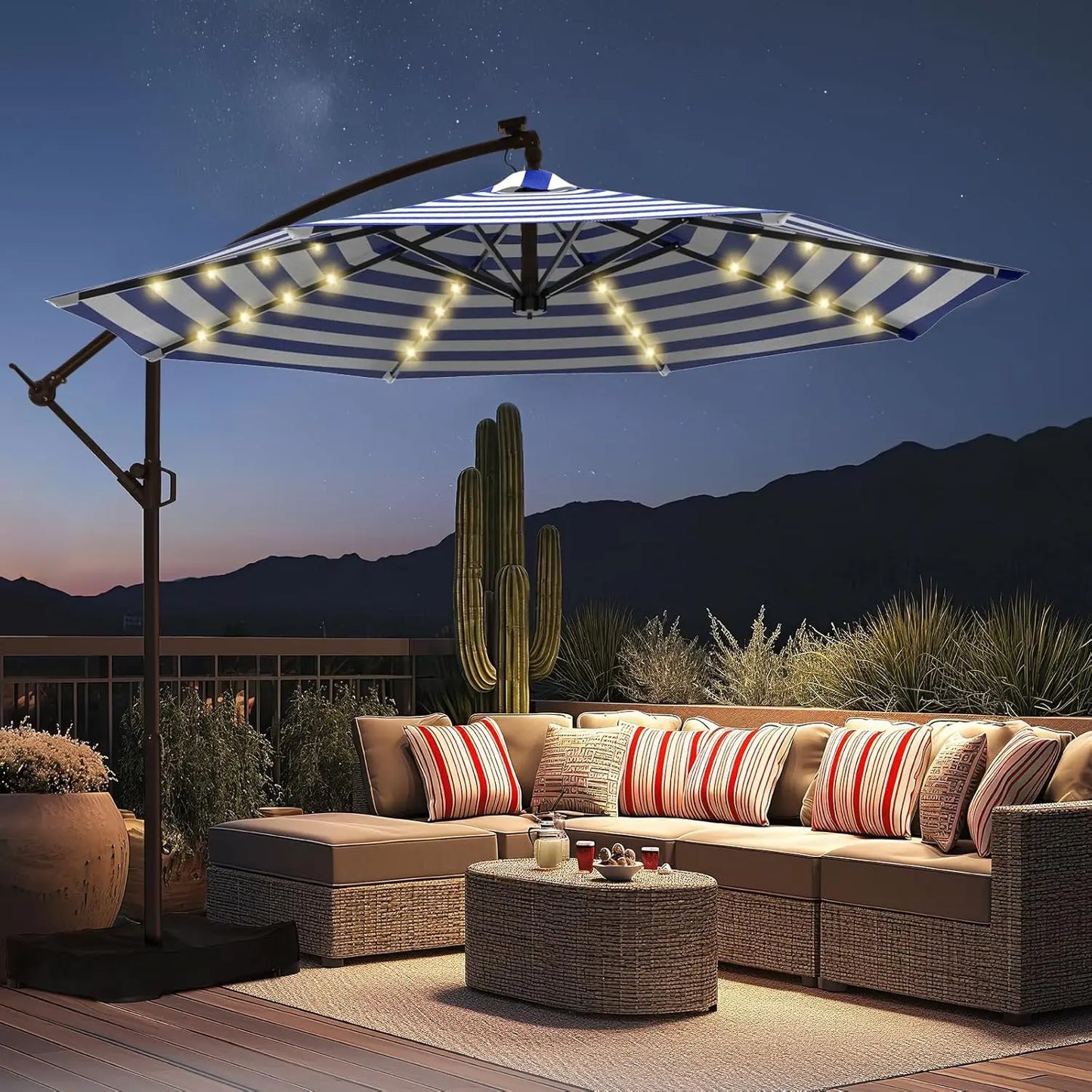 Solar Powered Offset Cantilever Umbrella With LED Lights And Base