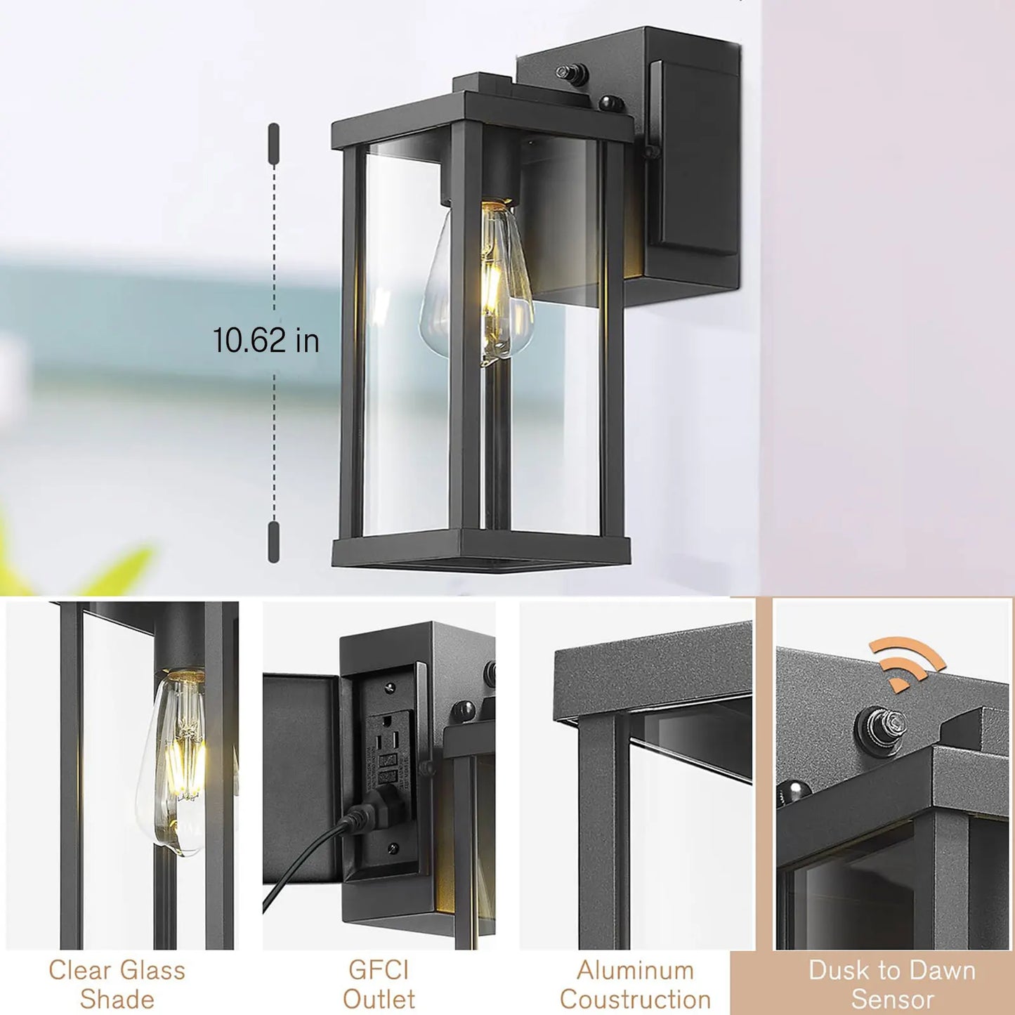 Porch Light With GFCI Outlet Dusk to Dawn Wall Mount