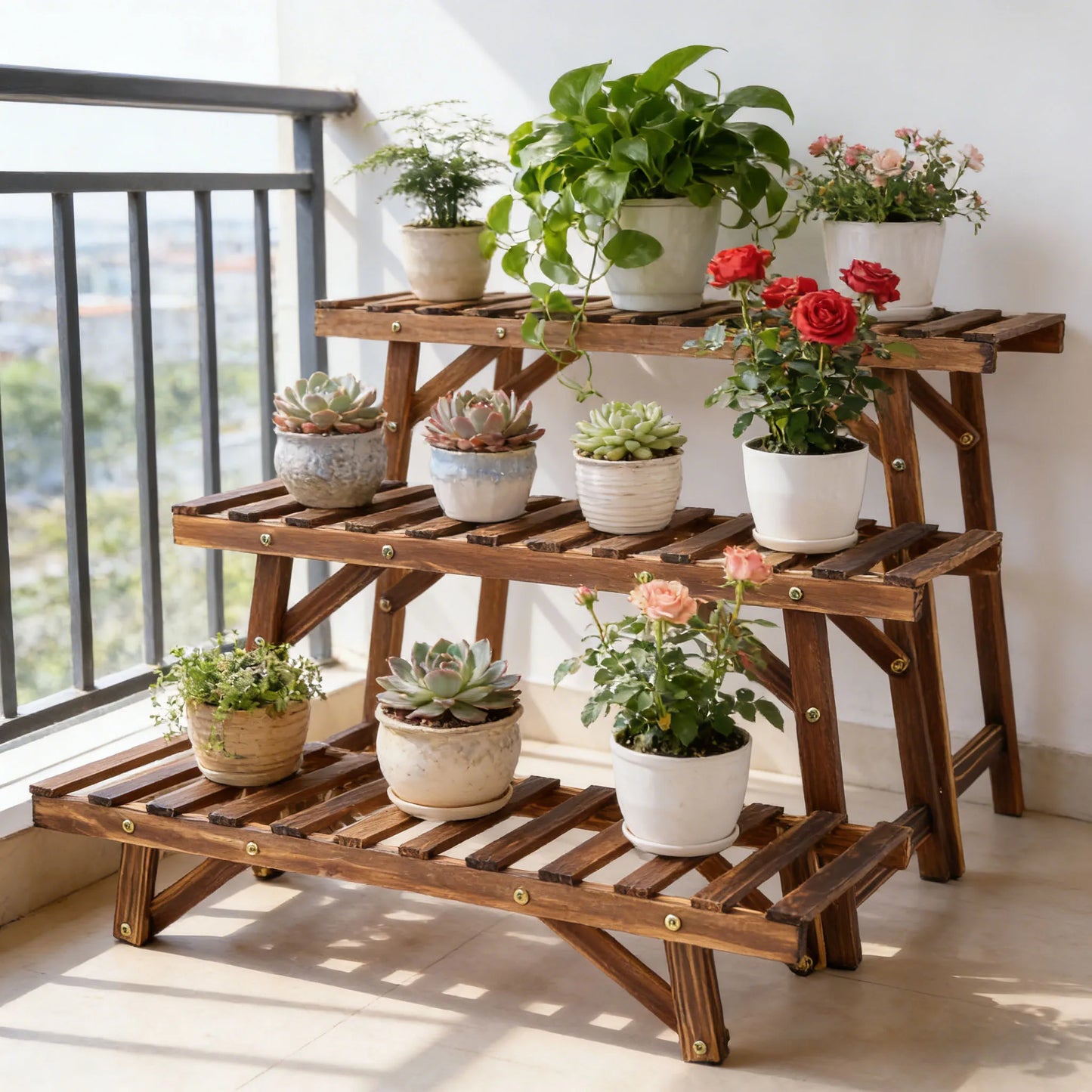 Three Tier Wood Plant Stand Vertical Shelf Indoor Outdoor Balcony