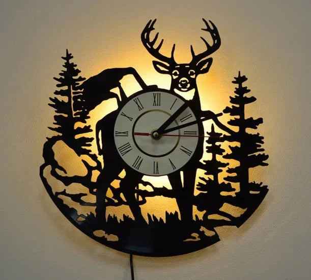 Forest Deer Vinyl Record Wall Clock LED Night Light