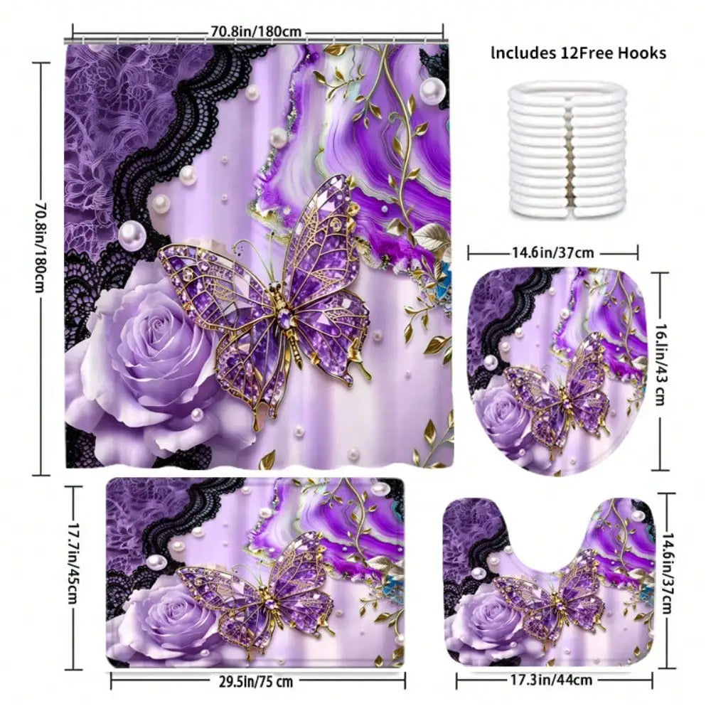 Marble Butterfly Shower Curtain Set With Anti Slip Lid