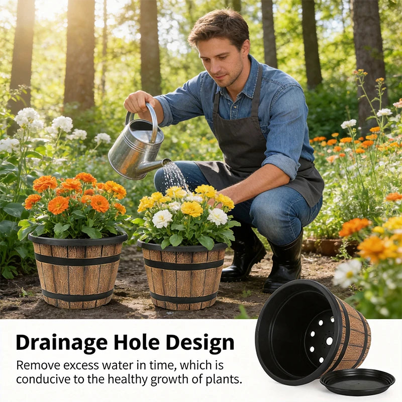 Resin Imitation Wooden Barrel Planter Indoor Outdoor Flower Pot