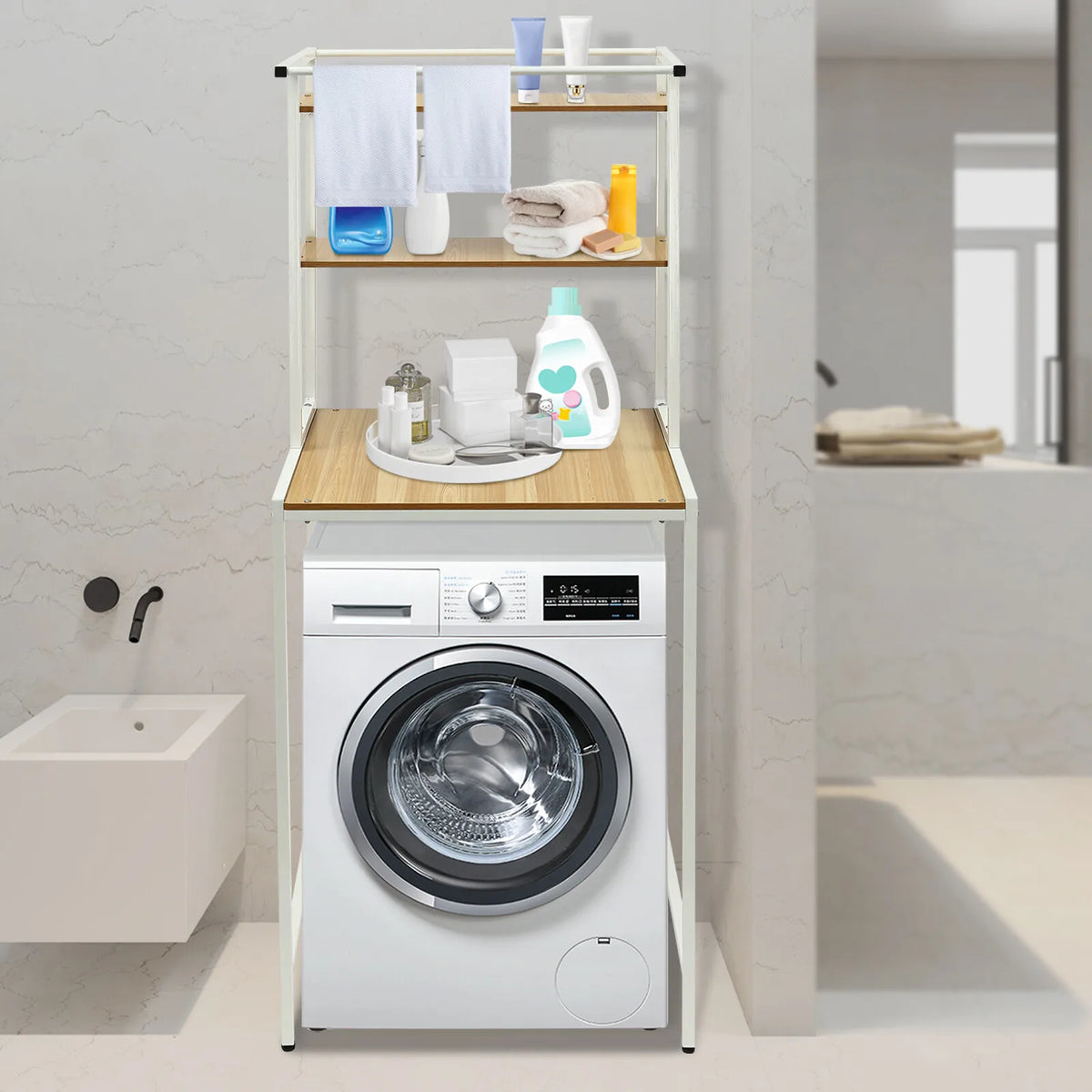 Three Tier Washer And Dryer Storage Organizer With Hanging Rod