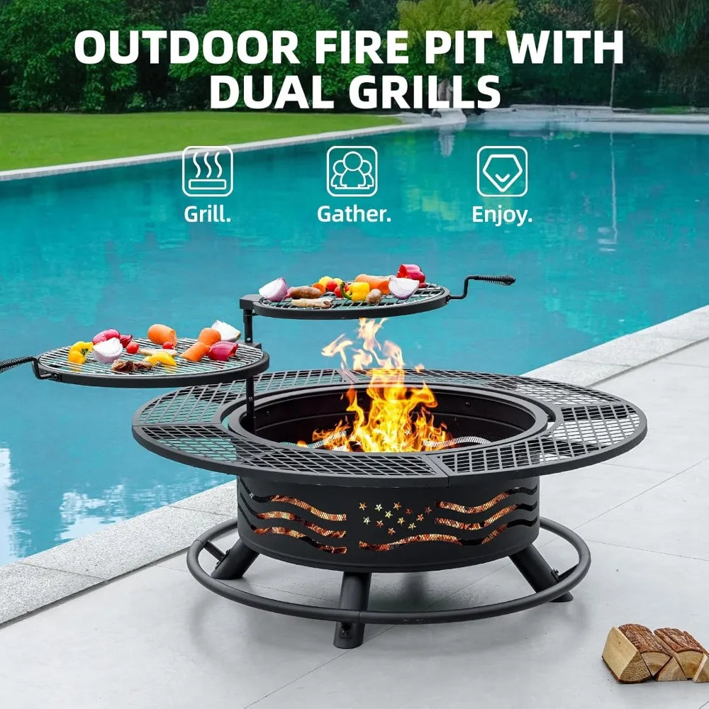 Outdoor Fire Pit With Dual Grates And Lid For Backyard