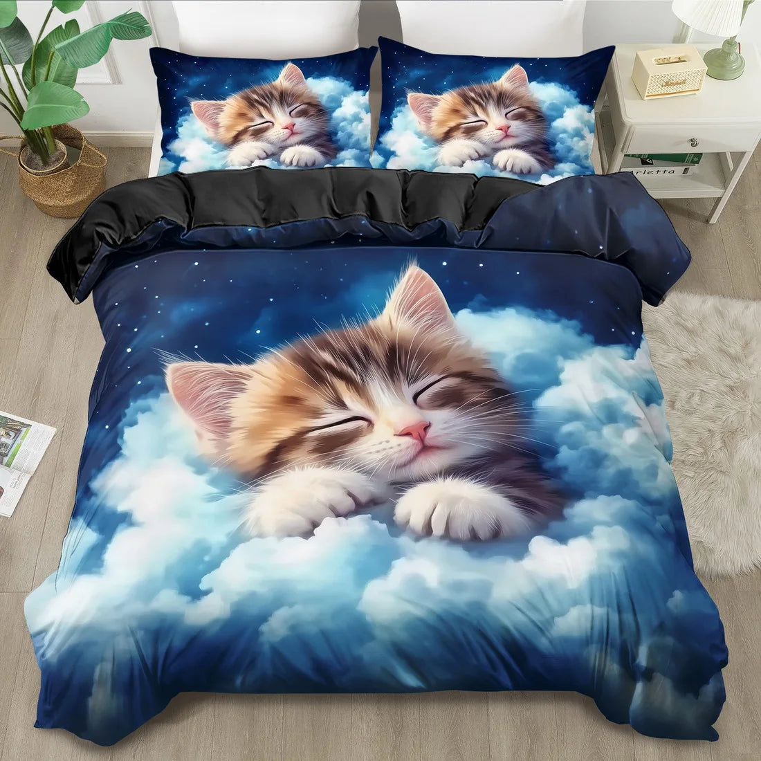 Cartoon Cat Duvet Cover Set Polyester Bed Linen Machine Washable