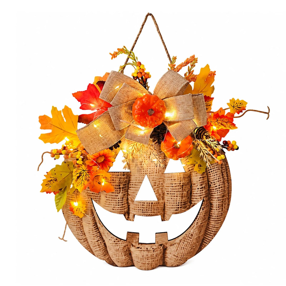Lighted Burlap Pumpkin Wreath Halloween Door Hanging Decor