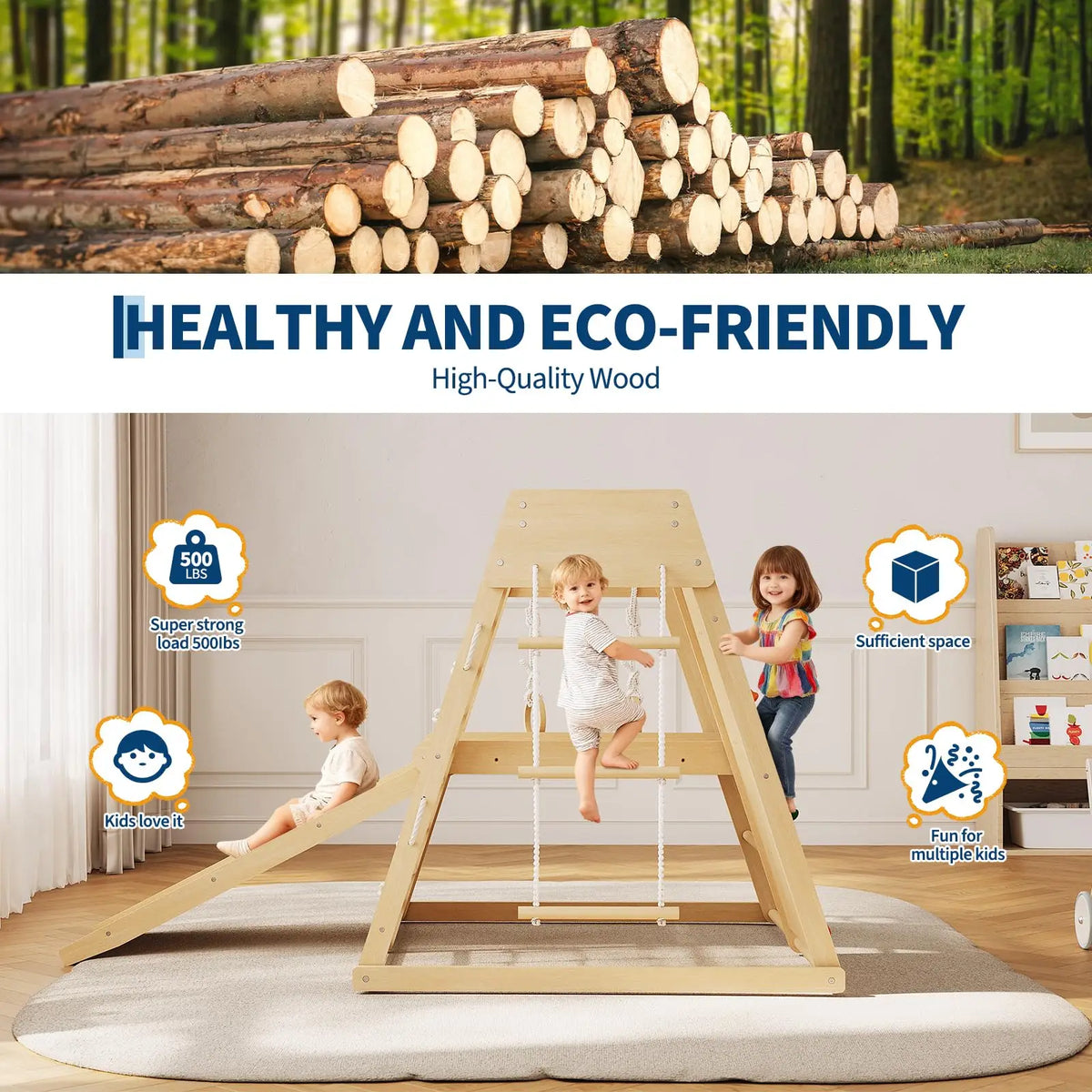 HiMISS 6in1 Wooden Indoor Jungle Gym Slide Climber Kids