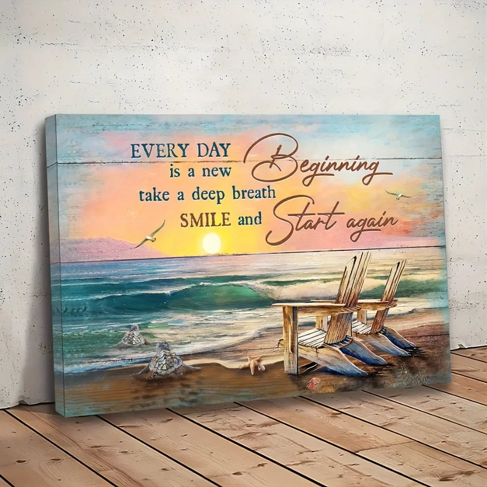 Pine Frame Beach Sunset Canvas Wall Art With Inspirational Quote