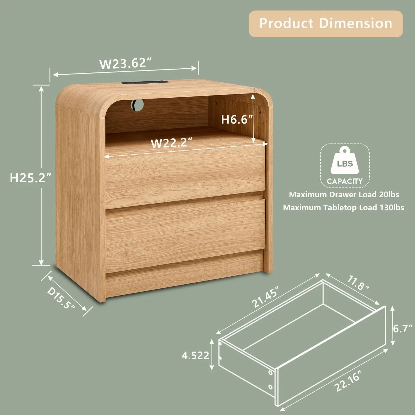 Wooden Nightstand With Charging Station And Two Storage Drawers
