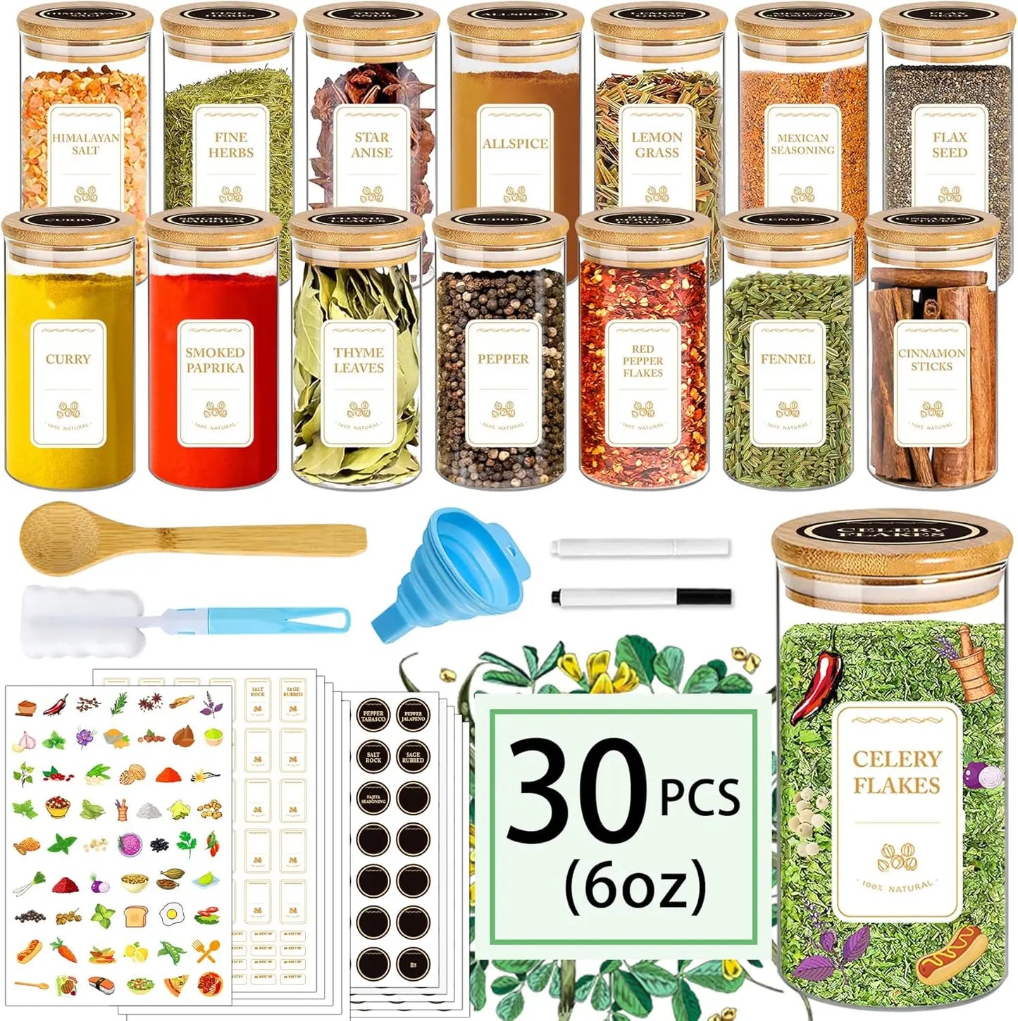 Glass Spice Jars With Bamboo Lids And Airtight Stackable Containers