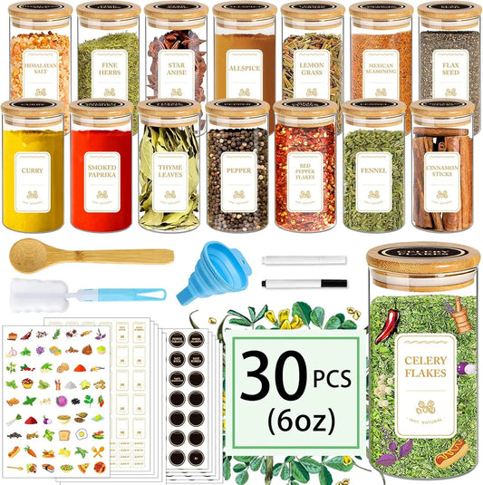 Glass Spice Jars With Bamboo Lids And Airtight Stackable Containers