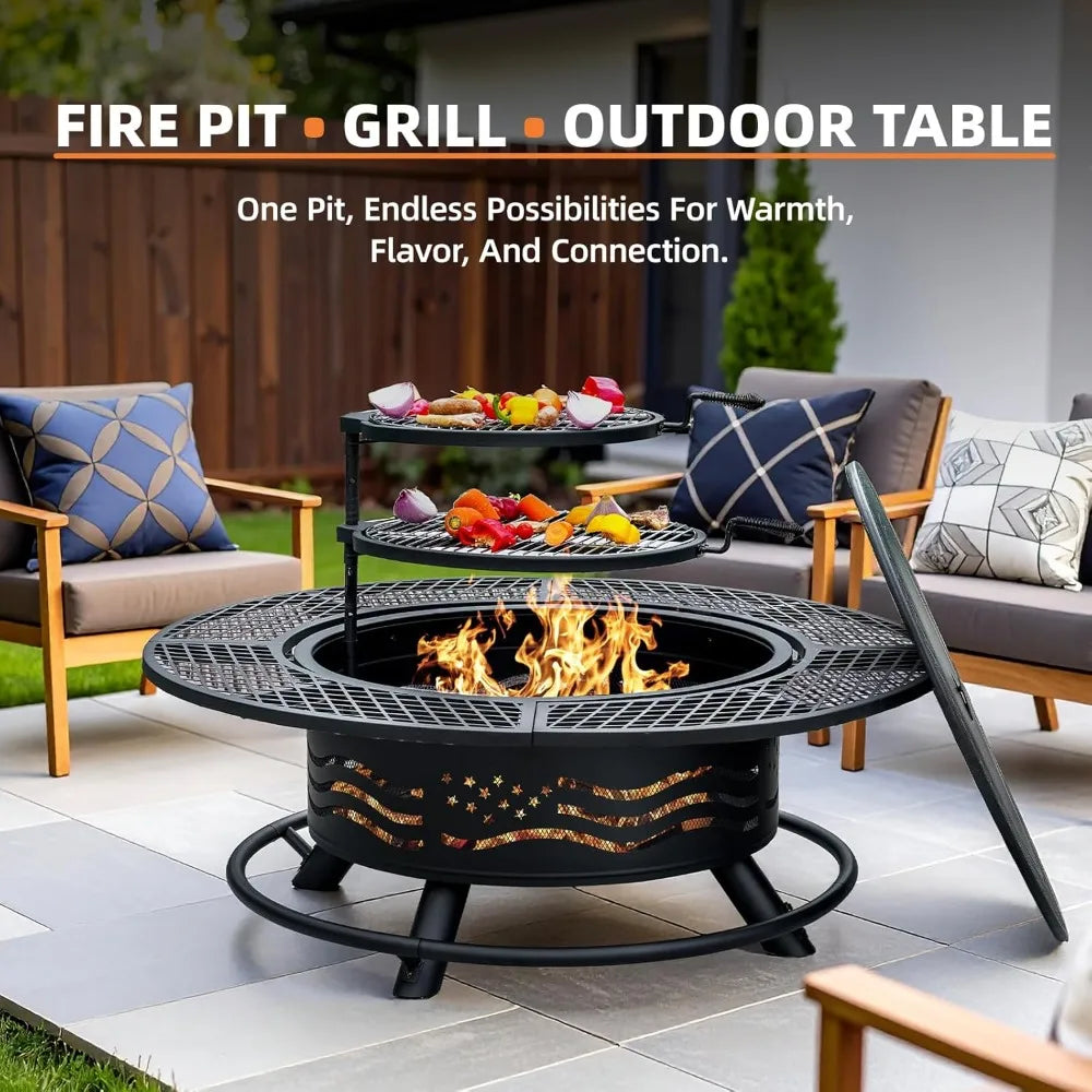 Outdoor Fire Pit With Dual Grates And Lid For Backyard