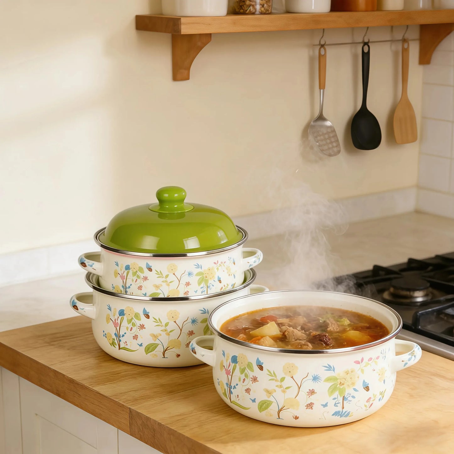 Vintage Enamel Stock Pot Set With Lids Three Piece Induction