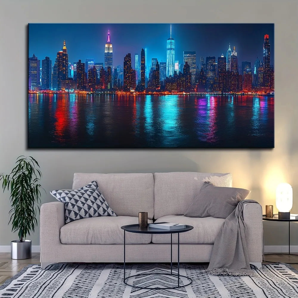 New York City Skyline Canvas Wall Art With Pine Frame