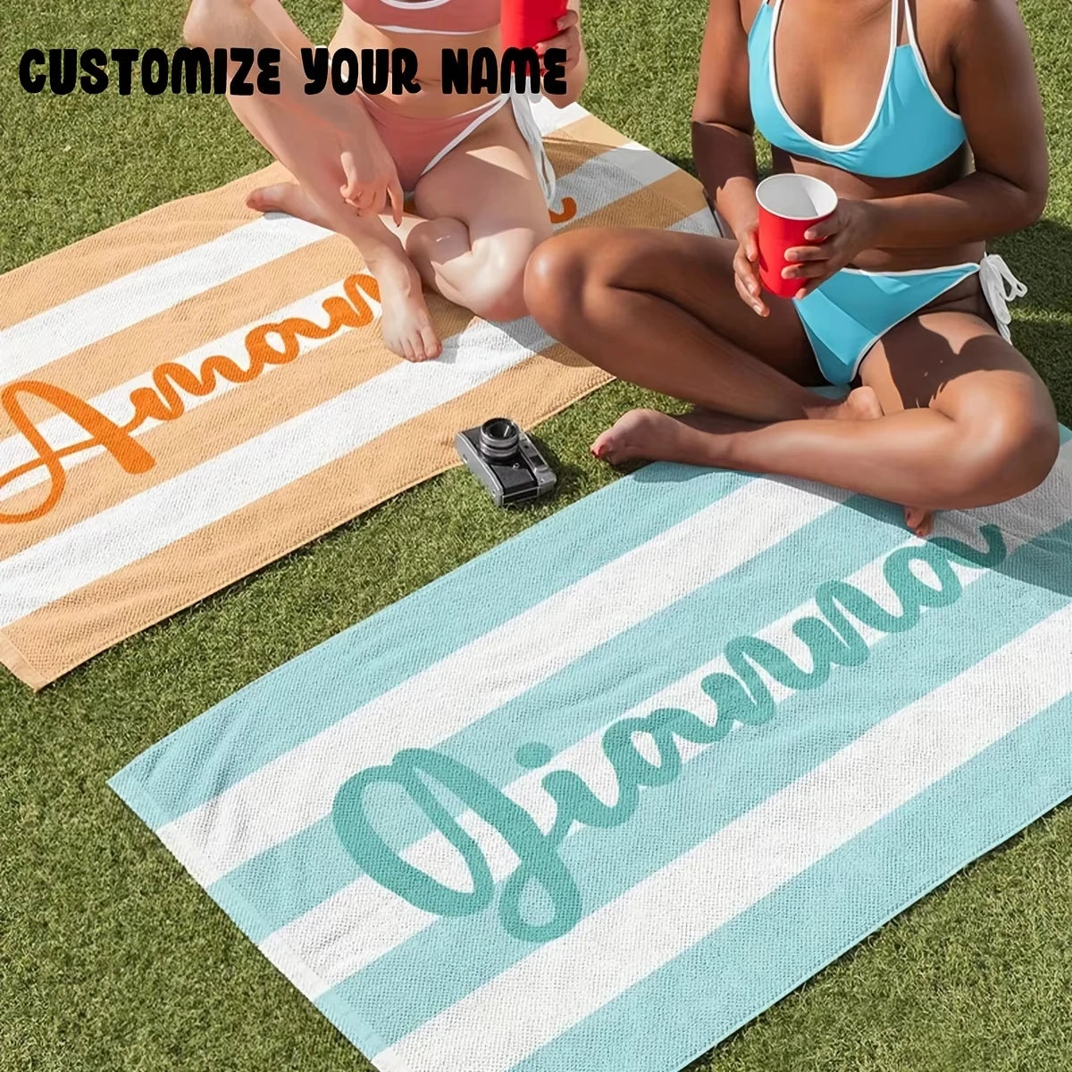 Personalized Striped Beach Towel Custom Name Microfiber Quick Dry