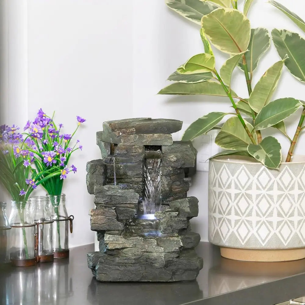 Indoor Tabletop Water Fountain With LED Four Tier Cascade