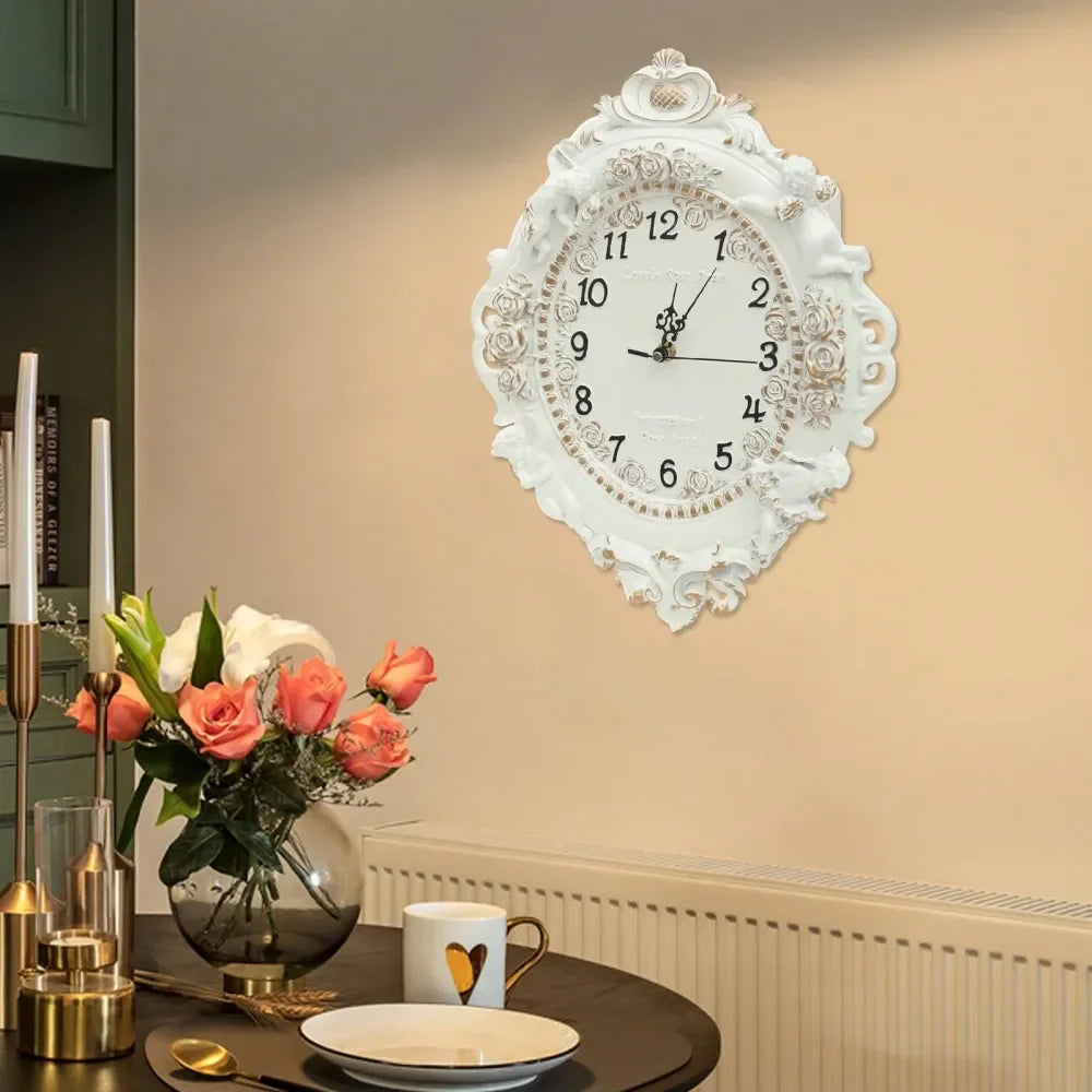 XMSJ Resin Wall Clock Retro Silent Angel And Rose Mural