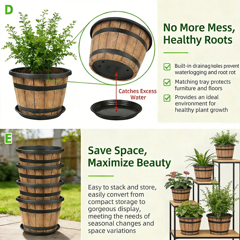 Resin Imitation Wooden Barrel Planter Indoor Outdoor Flower Pot
