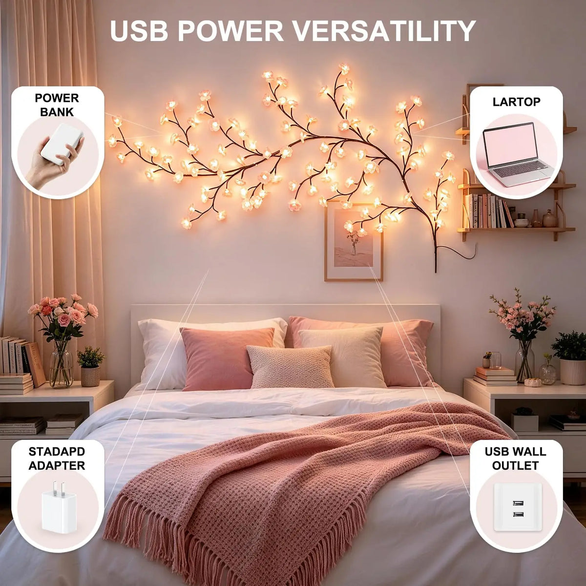 Cherry Blossom Vine LED Lights With Remote For Room Decor