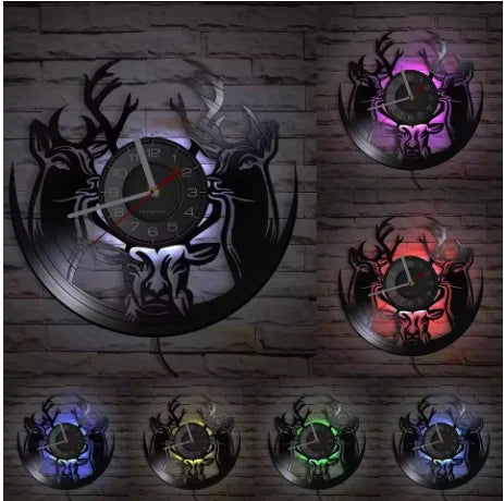 Forest Deer Vinyl Record Wall Clock LED Night Light