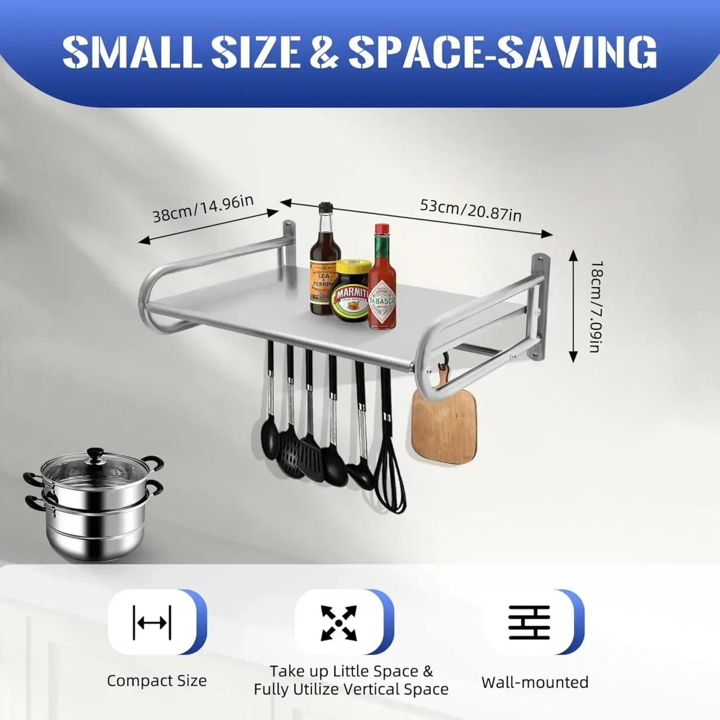 Stainless Steel Microwave Utensils Shelf Wall Mount With 6 Hooks