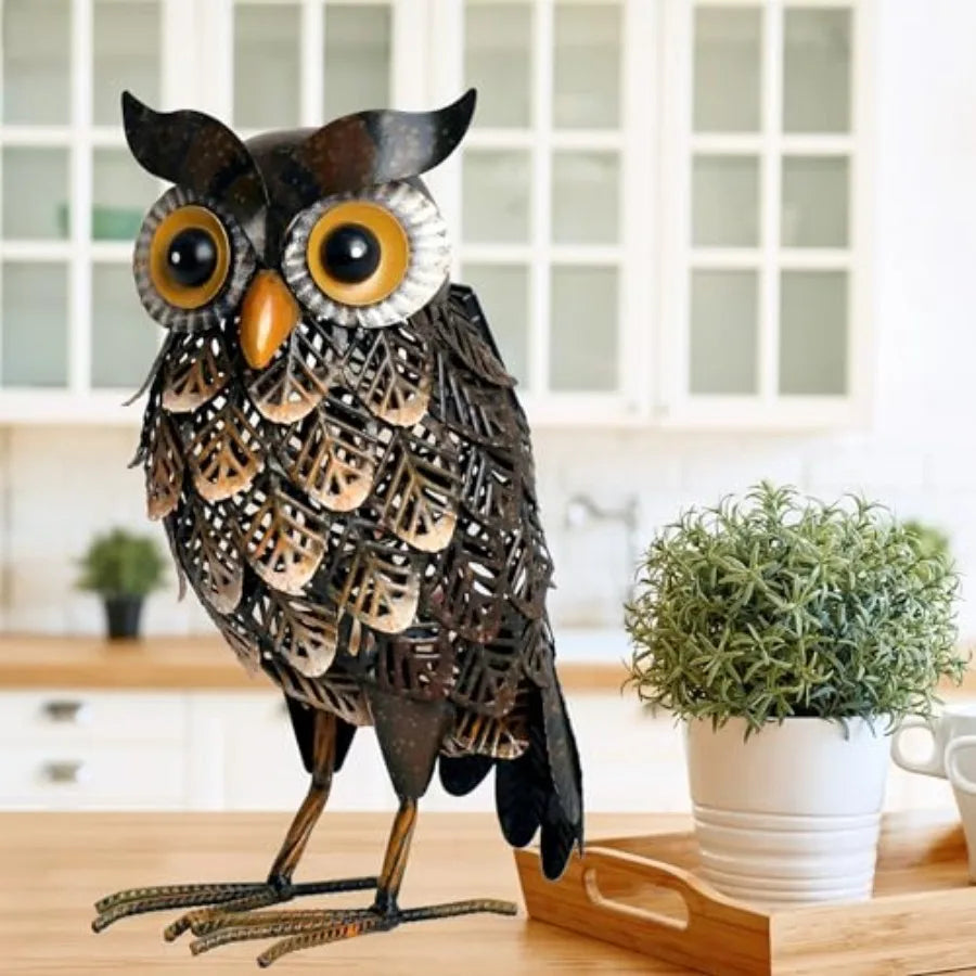 Metal Owl Garden Statue With Solar LED Lights For Patio