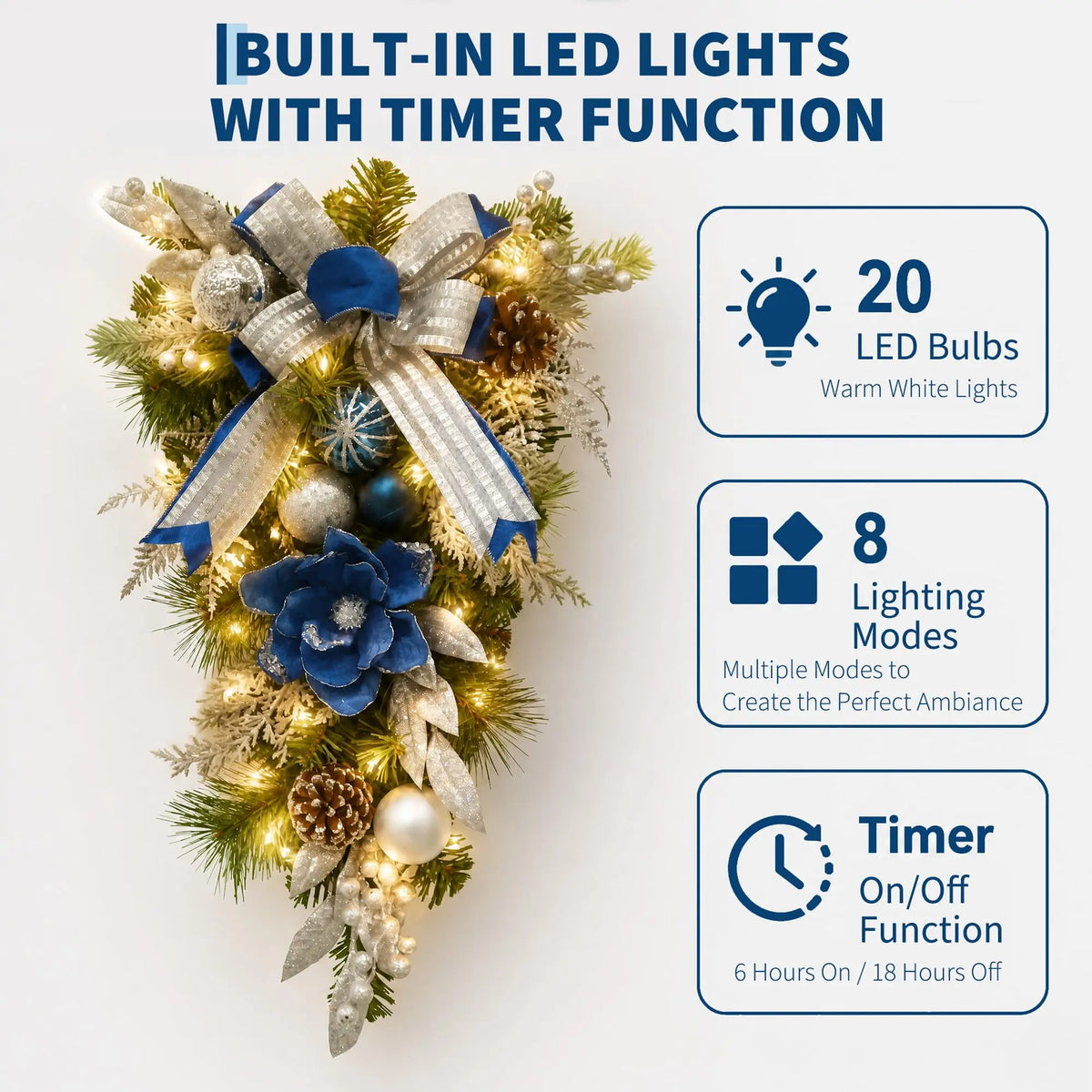 HiMISS Pre Lit Christmas Teardrop Swag With LED Lights Timer