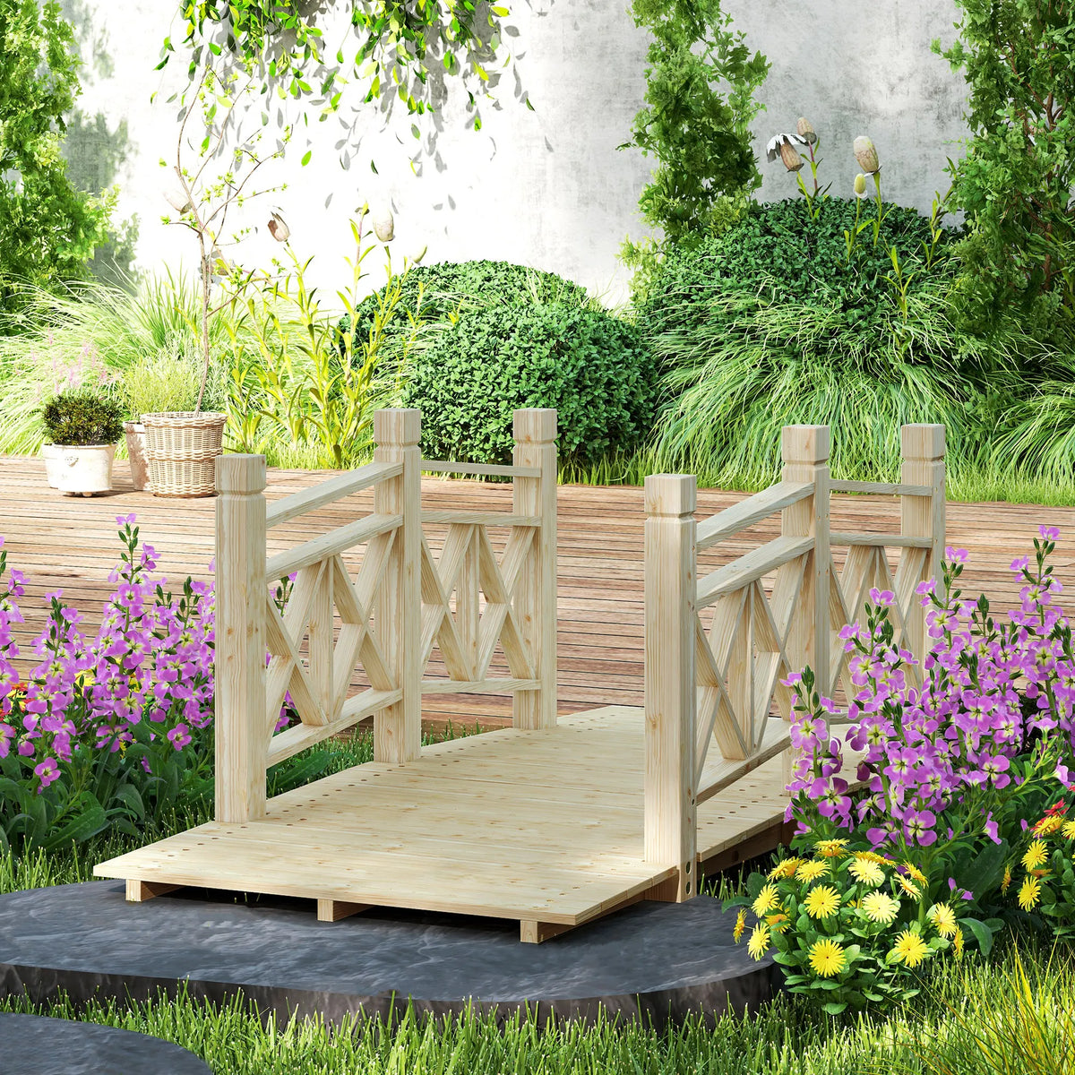 Wood Garden Bridge With Safety Handrails For Backyard Path