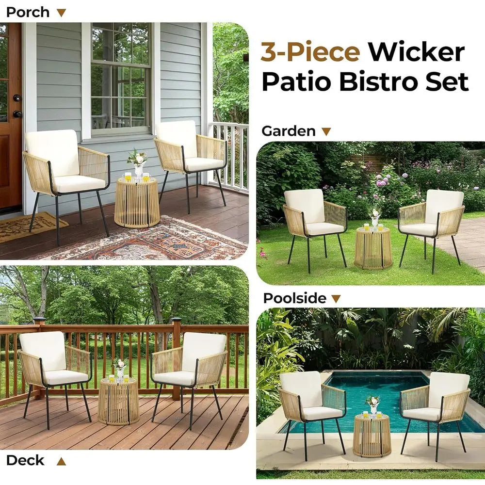 Outdoor PE Wicker ThreePiece Bistro Set With Glass Table Cushions