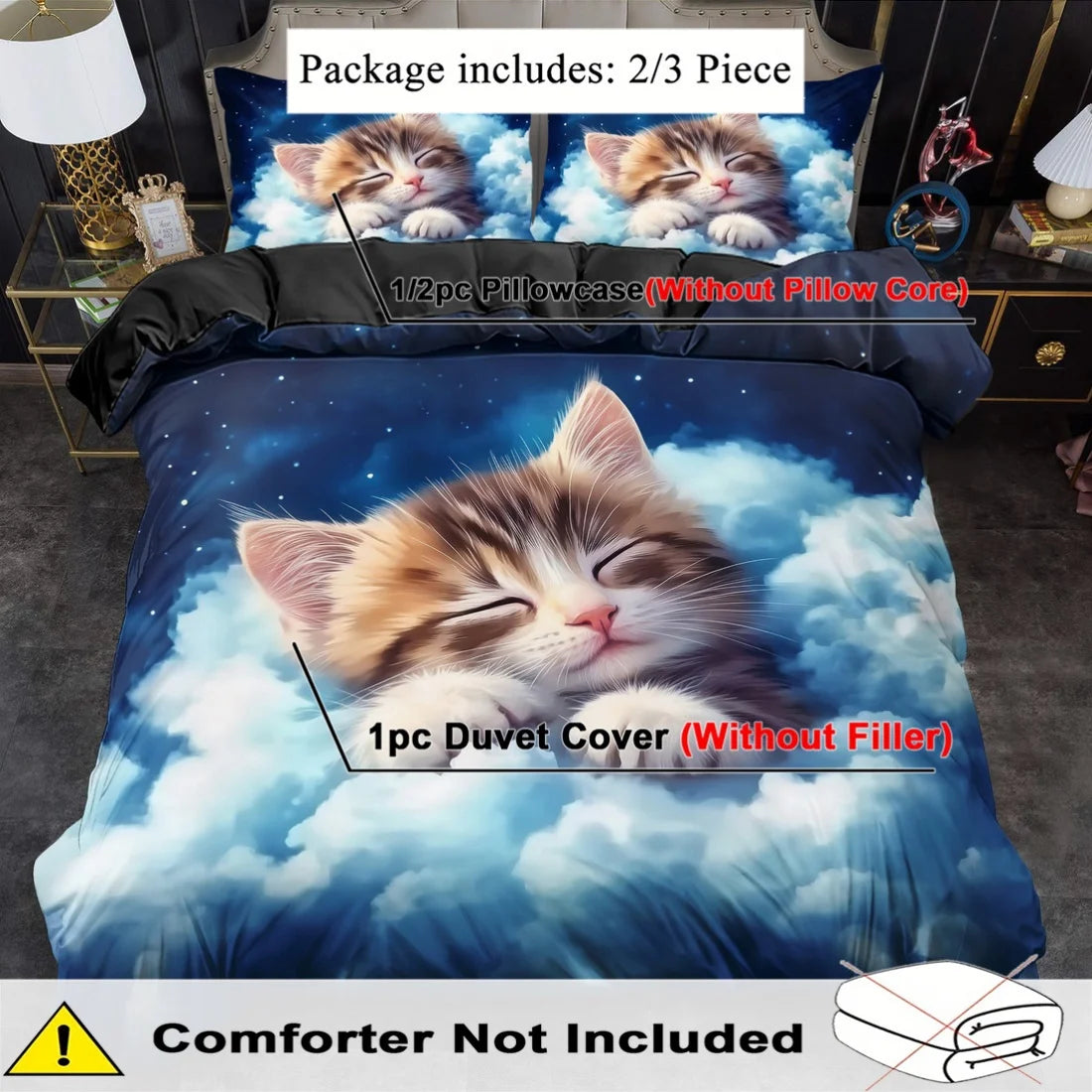 Cartoon Cat Duvet Cover Set Polyester Bed Linen Machine Washable