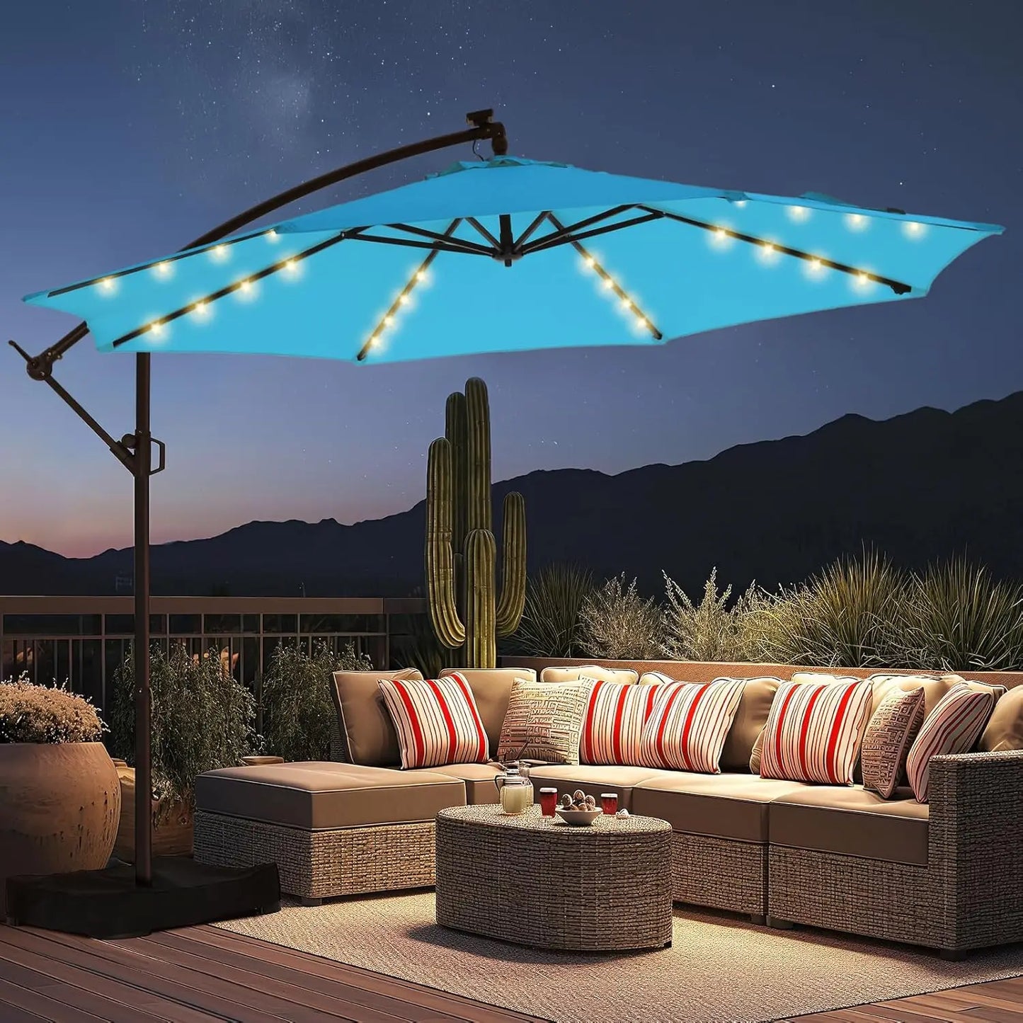 Solar Powered Offset Cantilever Umbrella With LED Lights And Base