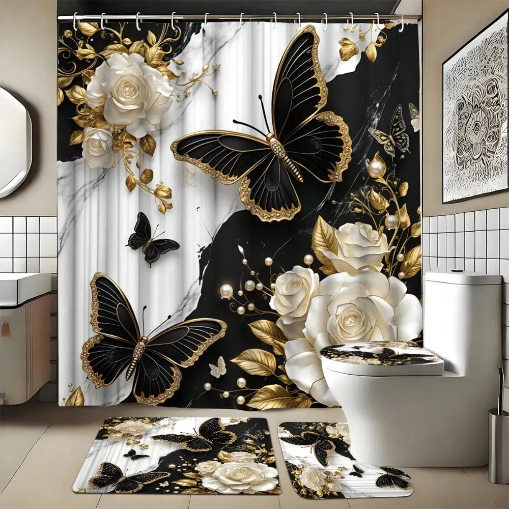 Polyester Four Piece Toilet Set With U Shaped Seat Cover
