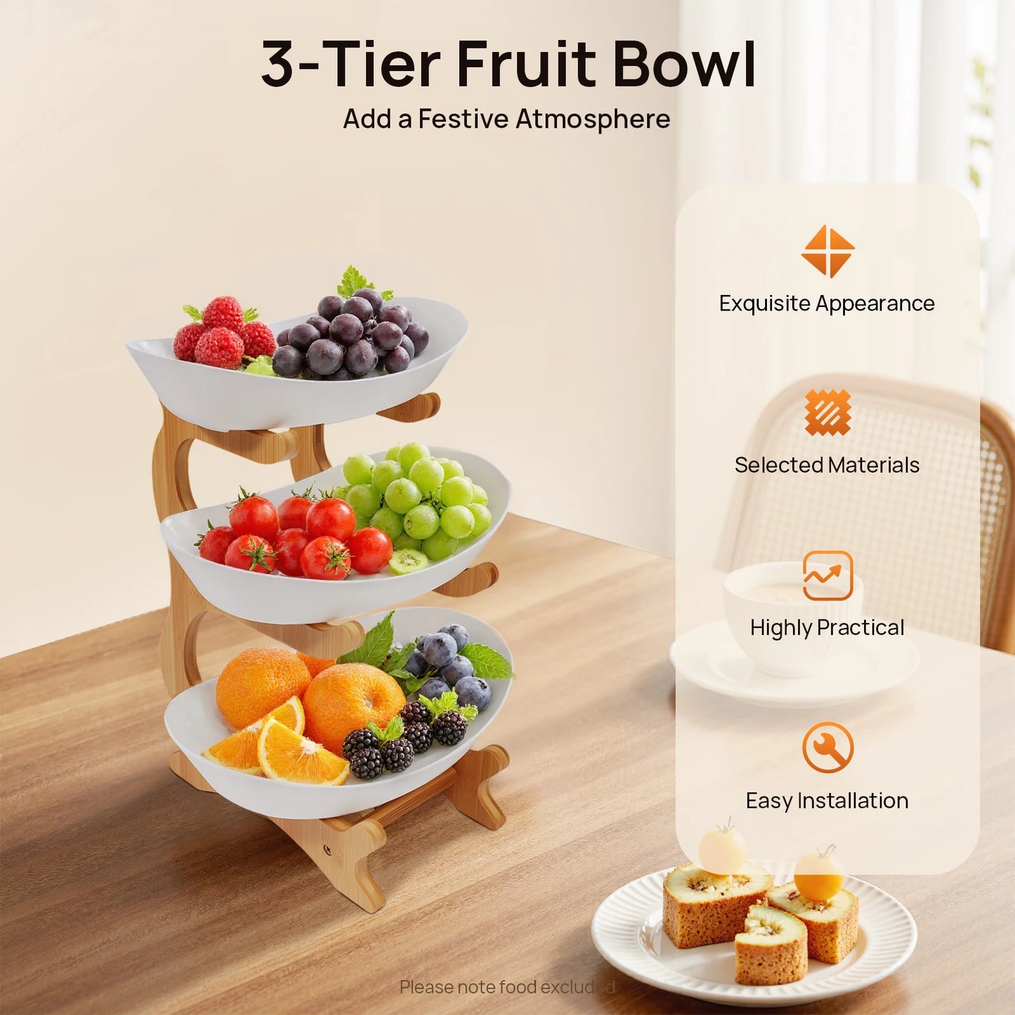 Three Tier Fruit Plate Stand With Bamboo Wood Base Dessert Tray