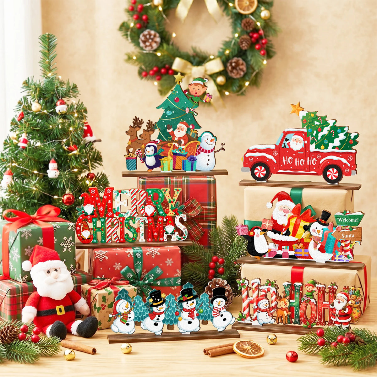 Christmas Wooden Tabletop Ornaments for Festive Holiday Table Decor