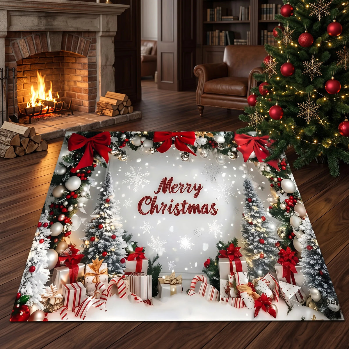 Christmas Wreaths Velvet Rug With Bows And Snowflakes Holiday Decor