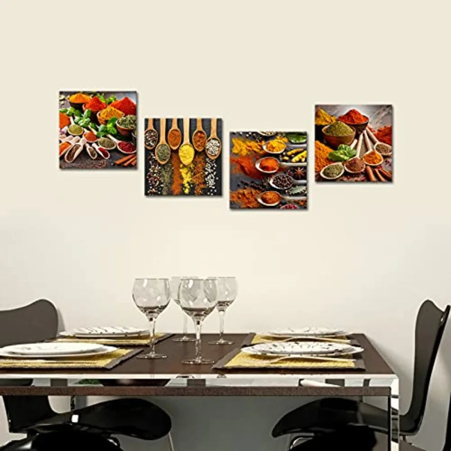 Abstract Kitchen Wall Art 4 Piece Spices And Spoons Framed Canvas Prints