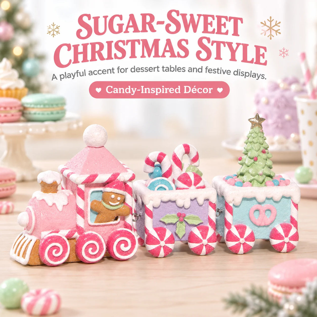 Hodao Gingerbread Christmas Train Figurine Set With Candy Themed Cars