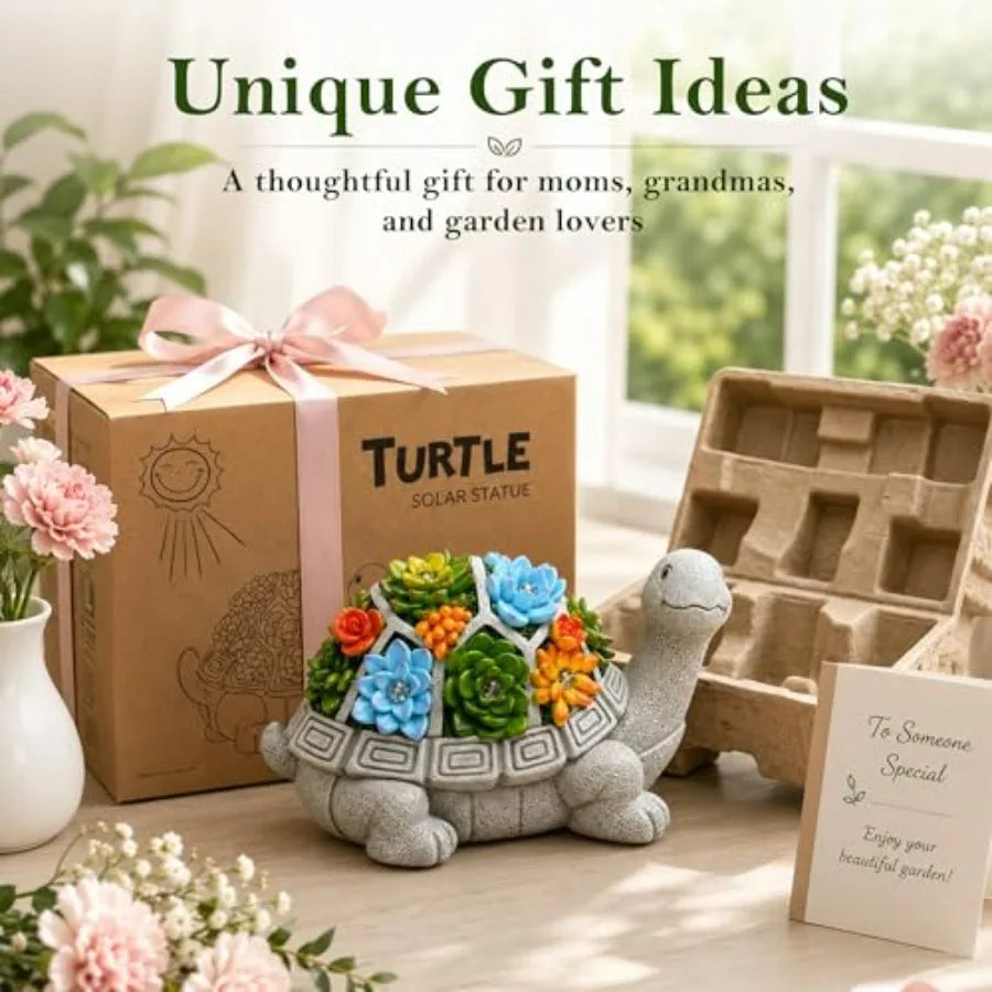 Solar Turtle Garden Statue With Succulent And 7 LED Lights