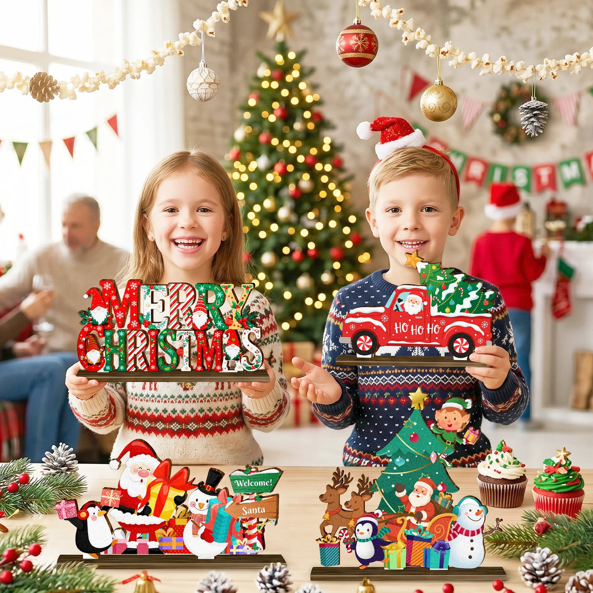 Christmas Wooden Tabletop Ornaments for Festive Holiday Table Decor