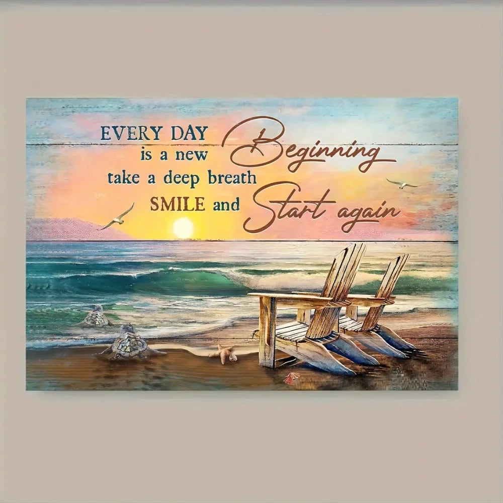 Pine Frame Beach Sunset Canvas Wall Art With Inspirational Quote