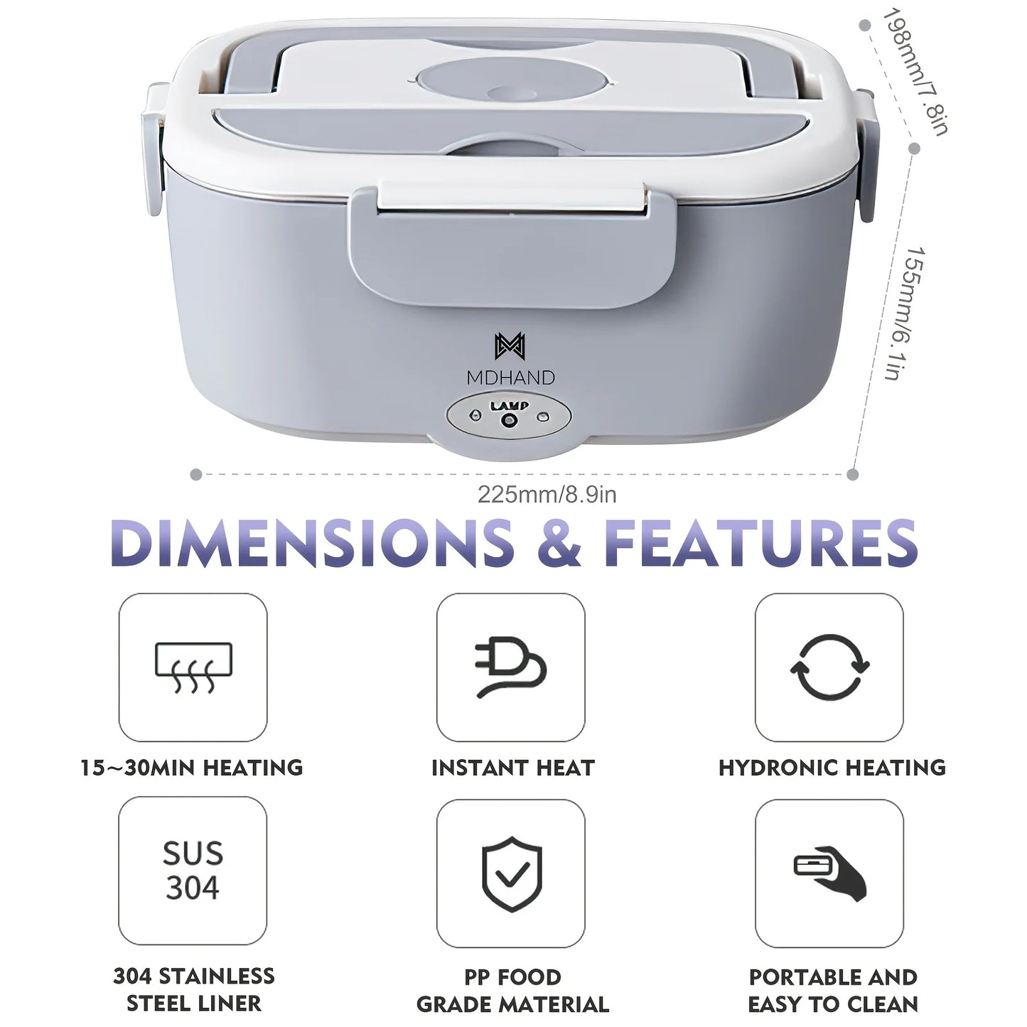 MDHAND 3 In 1 Electric Lunch Box 65W Fast Heating Leakproof