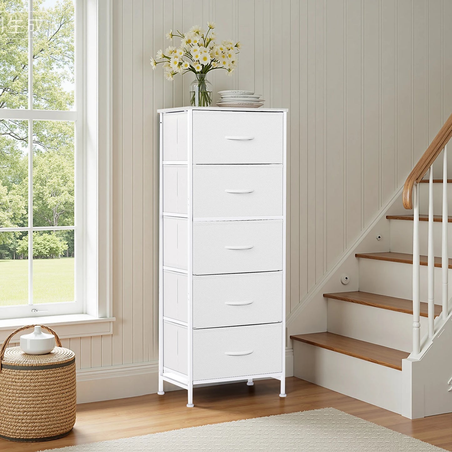 JHK Dresser With 5 Fabric Drawers Nightstand Wardrobe Steel Frame