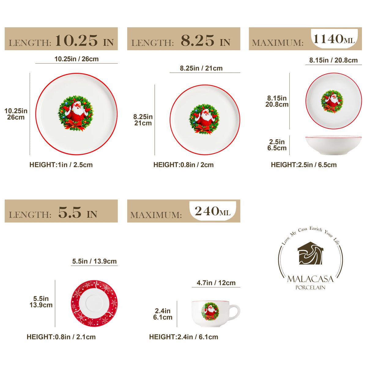 MALACASA Ceramic Christmas Dinnerware Set With Plates And Cups