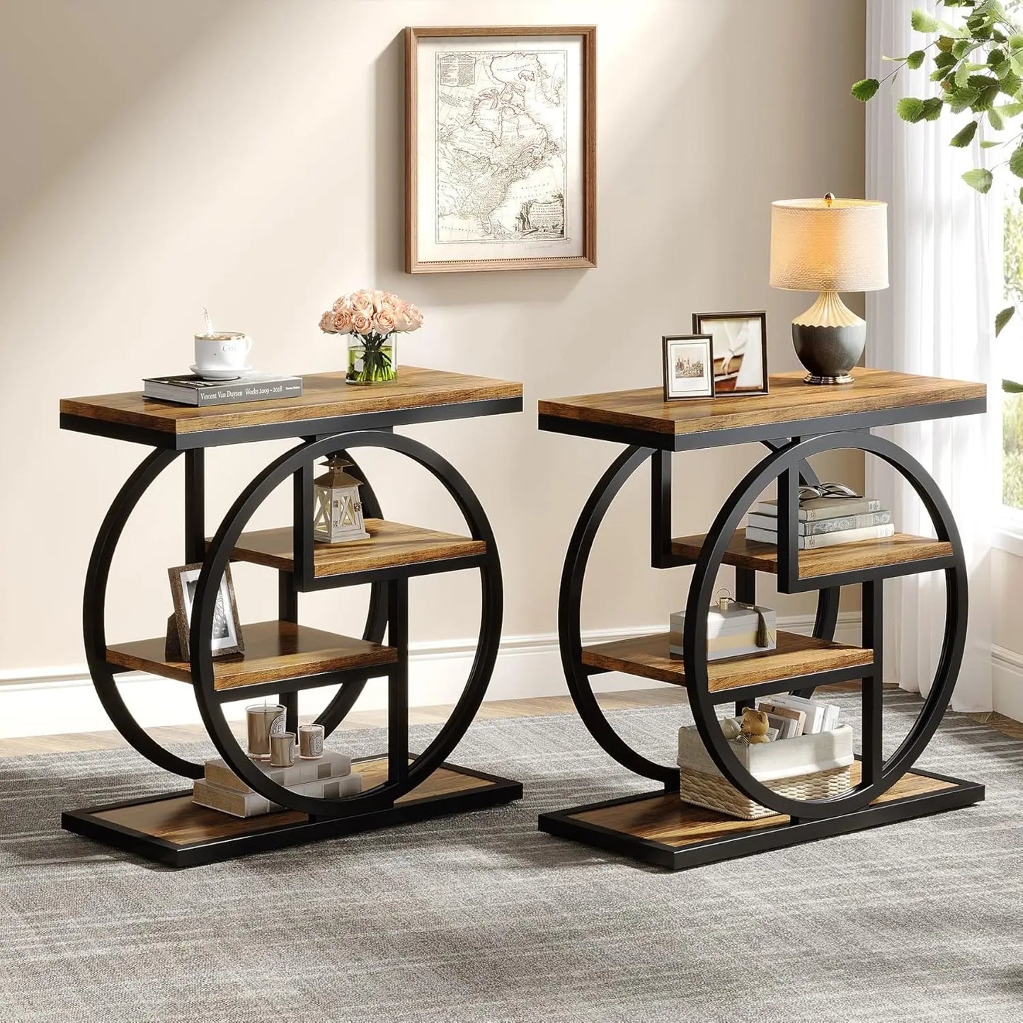 End Table Set Of 2 Timber And Metal Storage Shelves
