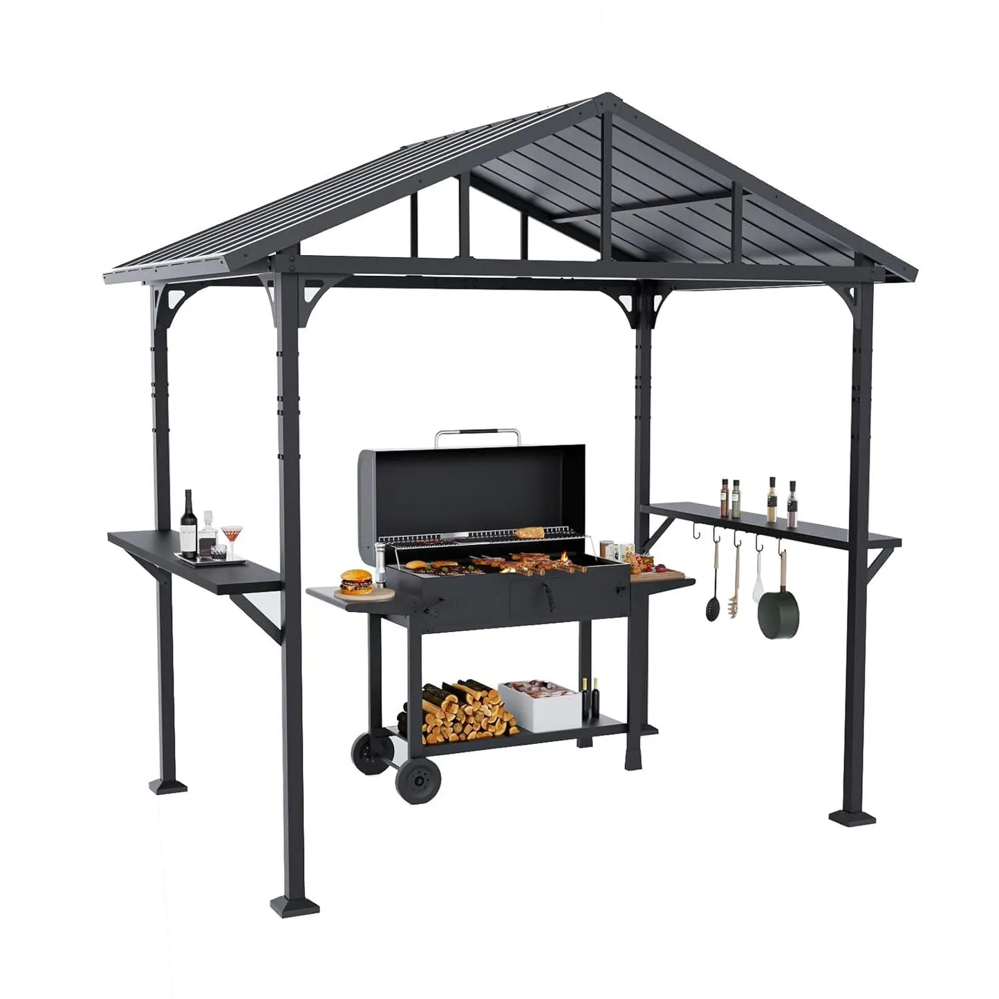 Metal BBQ Grill Gazebo With Triangular Roof And Two Shelves