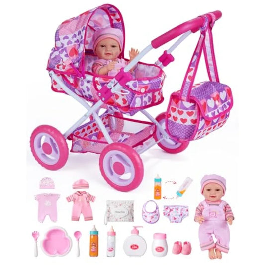 Folding Doll Pram Set With Baby Doll And 14 Accessories