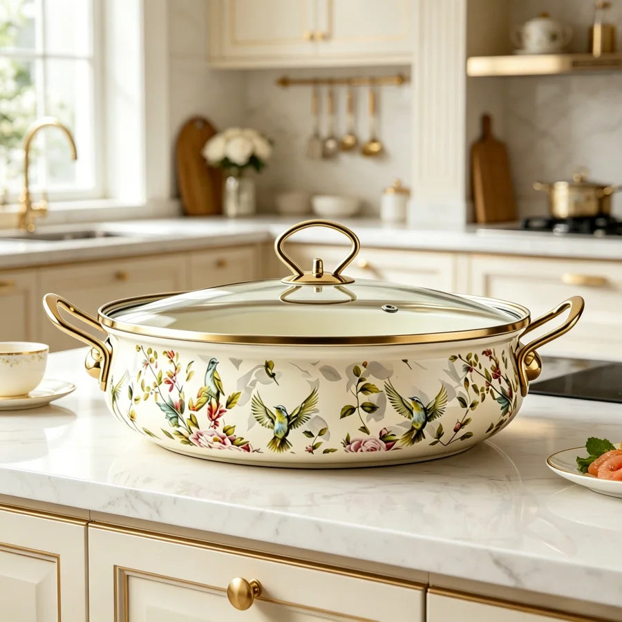 Enamel Stock Pot With Glass Lid Vintage Bird Botanical Print